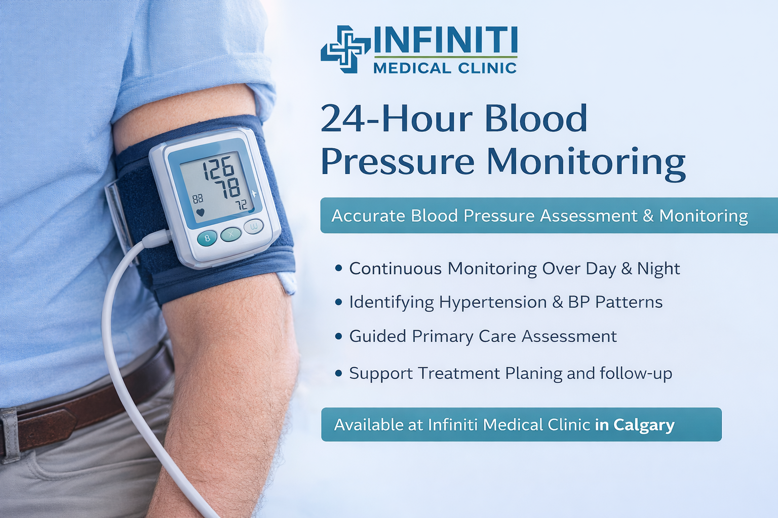 24-hour blood pressure monitoring device worn on a patient’s arm as part of primary care assessment at Infiniti Medical Clinic in Calgary