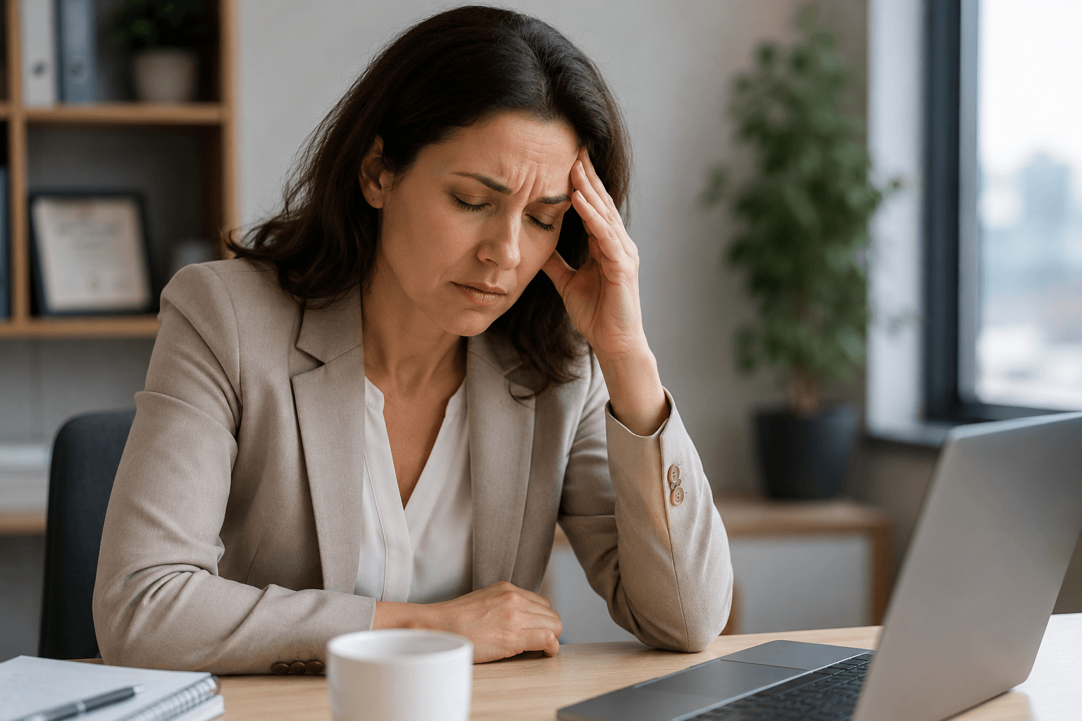 Person feeling stressed at work in a quiet office, a possible trigger for chronic daily headaches