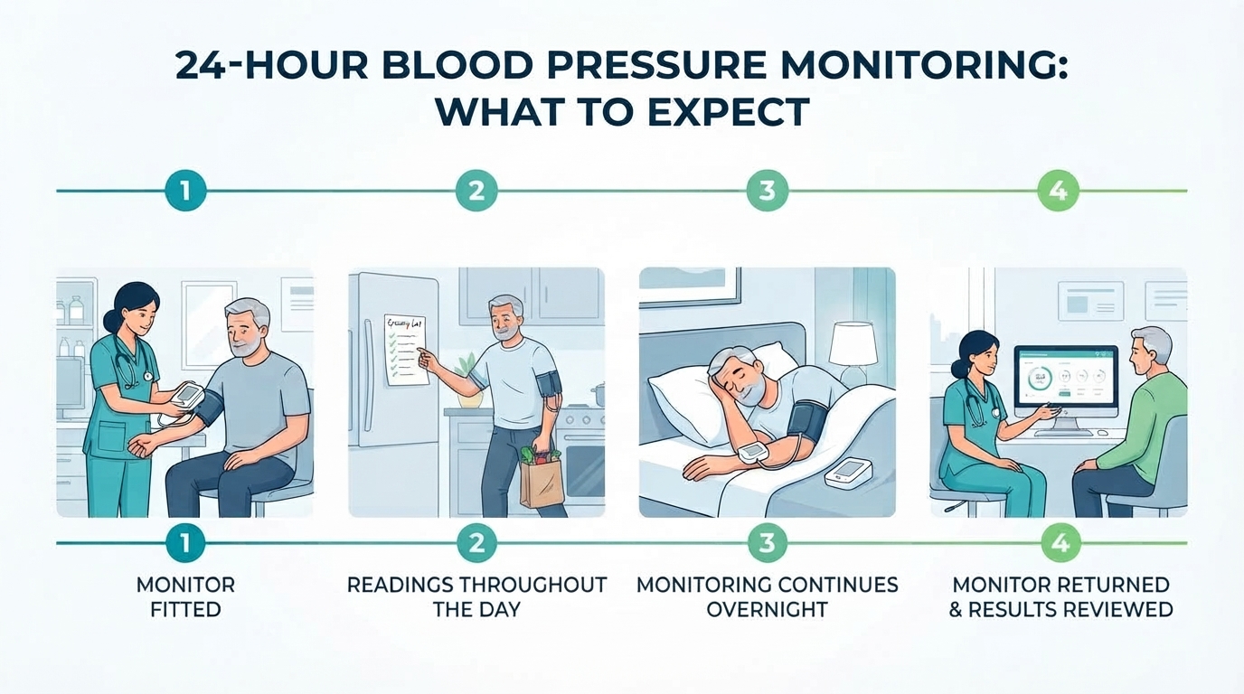 Illustration showing the four steps of 24-hour blood pressure monitoring, from monitor fitting through daytime and overnight readings to physician review.